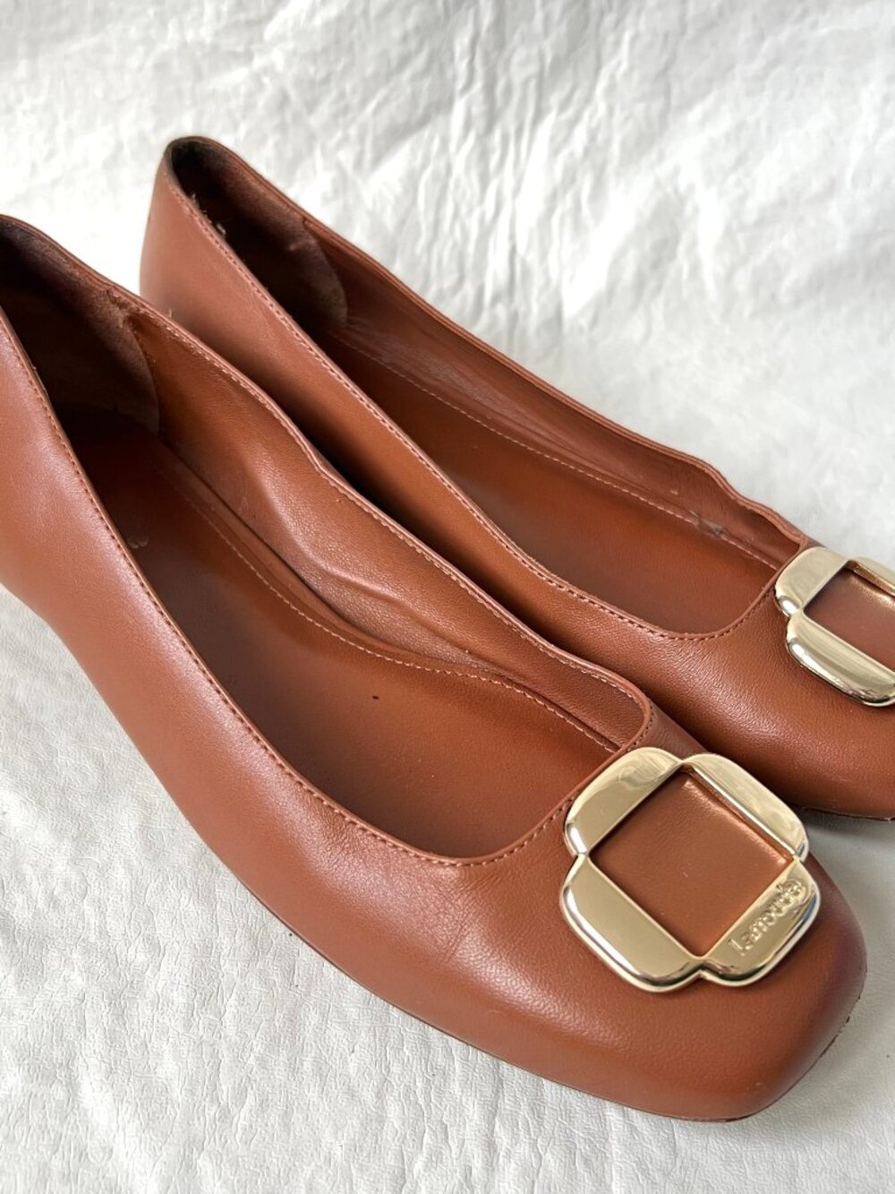 Larroude ballet flats Maria brown leather gold logo US womens 7 slip on shoes